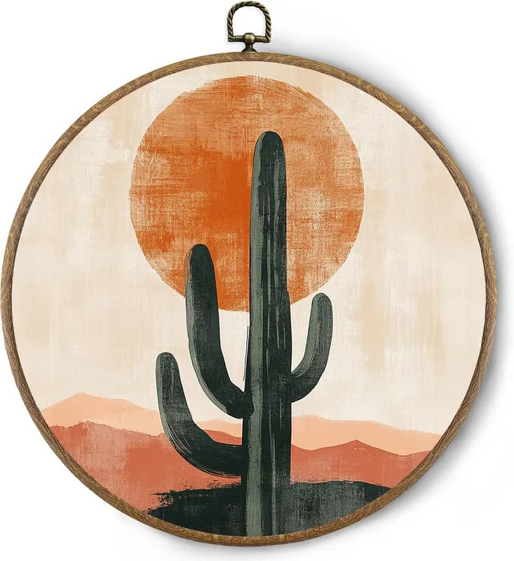 Boho Western Rund Wandbild Deko, Vintage Southwestern Mountain Kaktus Desert L