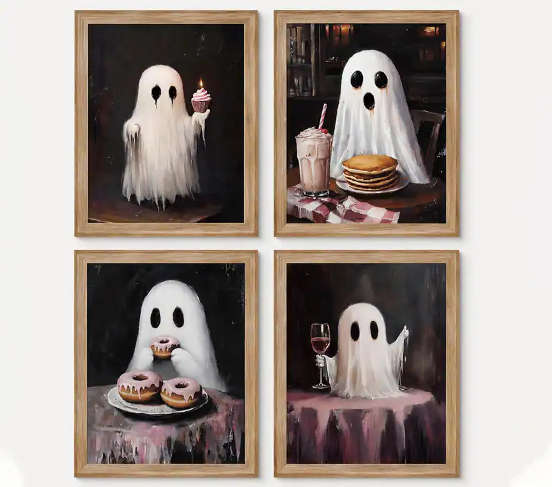 4 Stück Niedliche Geist Wandbilder, Rosa Halloween Geist Poster, Vintage Dark
