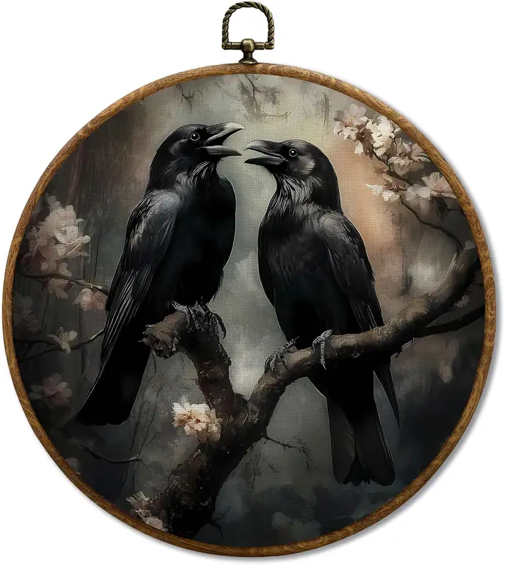 Gothic Schwarzer Rabe Rund Wanddeko, Dark Academia Black Crow Floral Gerahmt