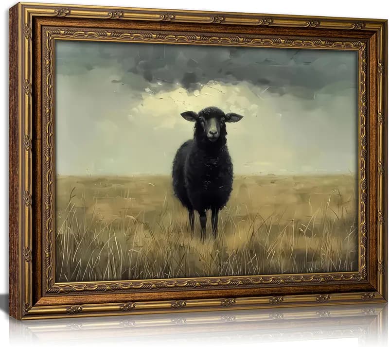 Vintage Wandbild Landschaftsgemälde goldgerahmt stimmungsvoll schwarz Schaf ca
