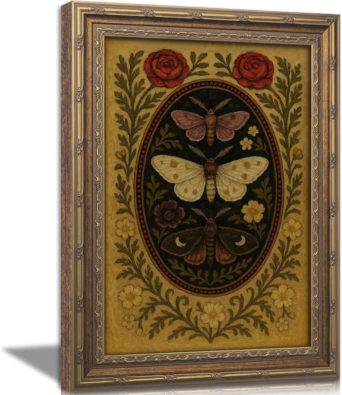 Vintage Gold gerahmter Schmetterling Wandbild, Stimmungsvolle Motte Ölgemälde