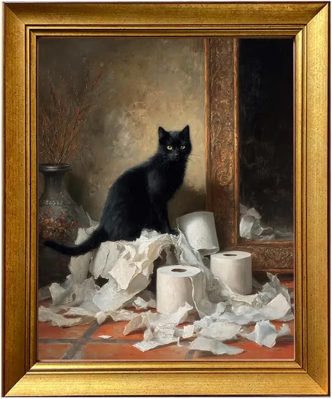Lustiges Katzenbad Wandbild Vintage gold gerahmt schwarze Katze Toilettenpapier