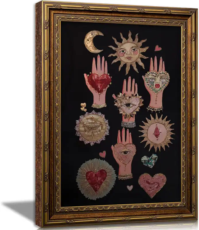 Vintage Gold gerahmtes mystisches Wandbild, himmlische Sonne Mond und Hand Herz