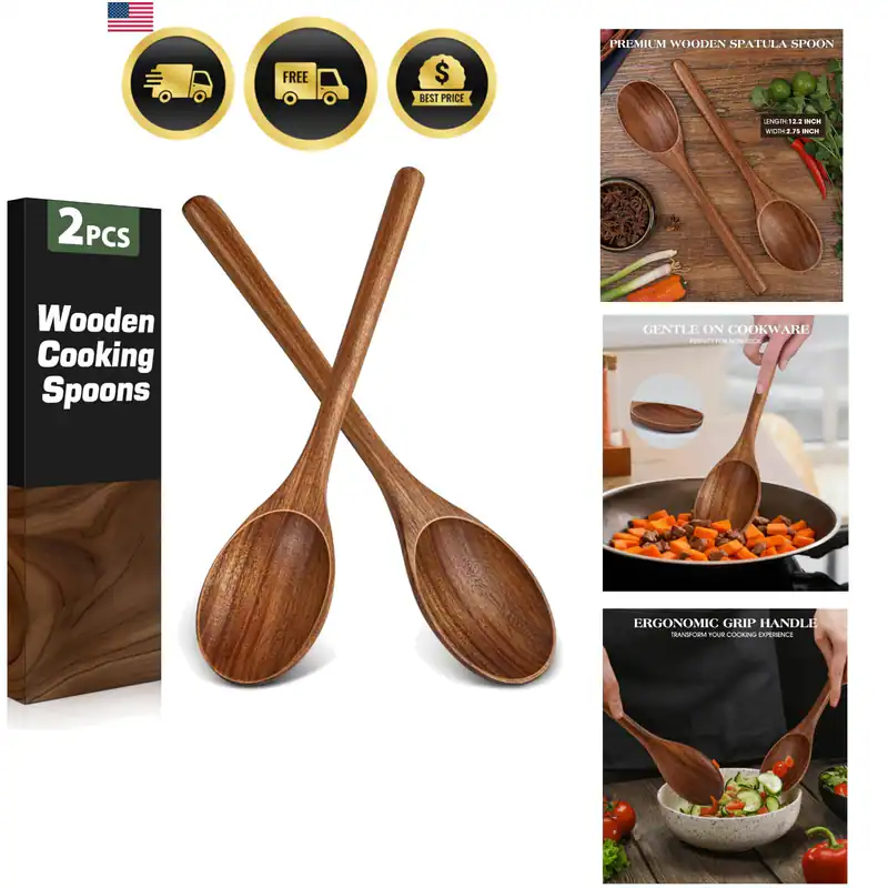 2 Stück Holzlöffel zum Kochen, Natürliche Akazienholz Kochlöffel, Große Ser...