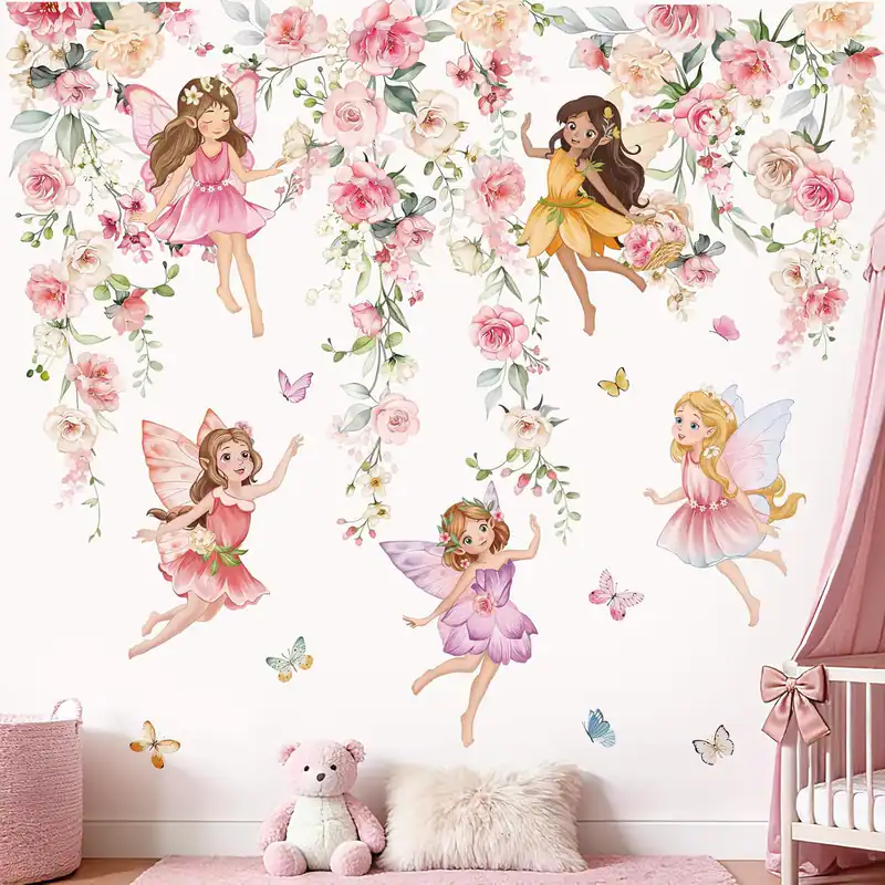 Blumenfee Wandtattoo Rosa Blumenmädchen Schmetterling Wandsticker