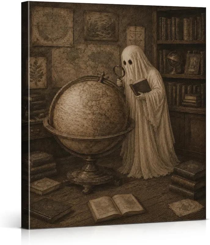 Halloween Geist Wandbild skurriler Geist studiert Globus Leinwanddruck gerahmt