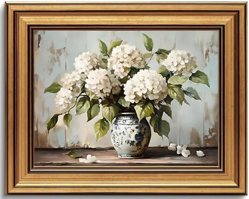 Gold gerahmte Vintage weiße Hortensie Leinwand Wandbild rustikal Bauernhaus