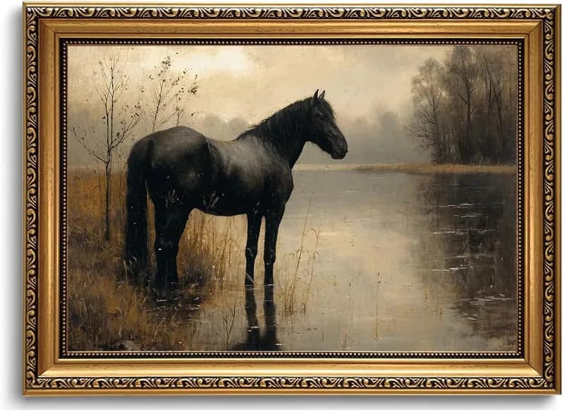 Vintage schwarzes Pferd Wandbild Leinwand Gemälde Bilder, Gold gerahmt 8 x 10
