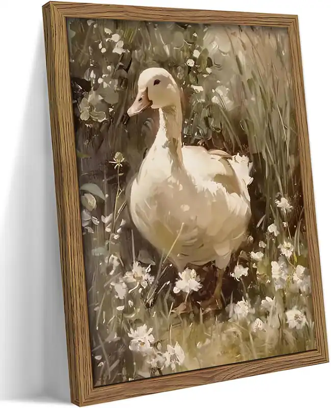 Gerahmte Gans Wandbild, rustikales Vintage Blumen Tier Ölgemälde, Retro