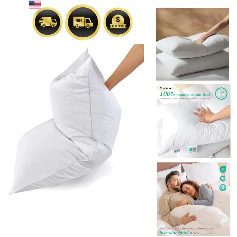 Weiße Gänsefedern & Baumwolle Kissen King Size 2er Set - Weich 600 Faden Cou...