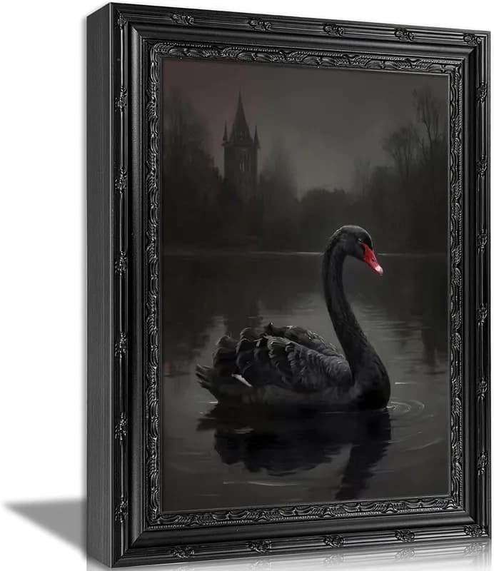 Vintage Schwarzer Schwan gerahmtes Wandbild dunkel stimmungsvoll Tierbild