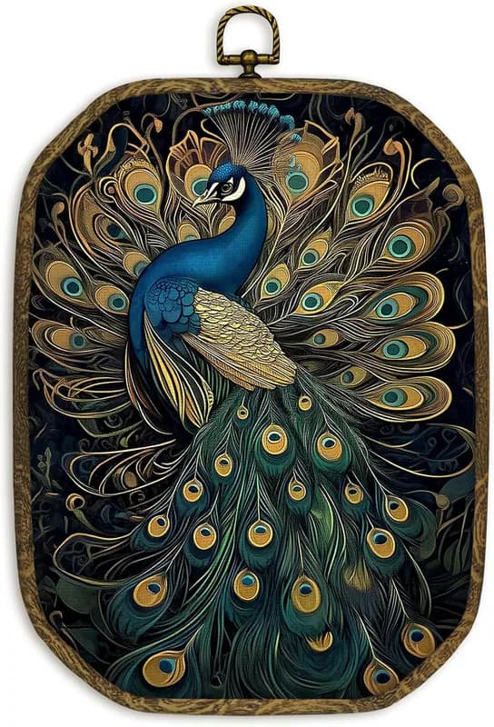 Stimmungsvoller Pfau Wandbild Dekor gerahmt, Dark Academia Pfauen Vogel Achteck