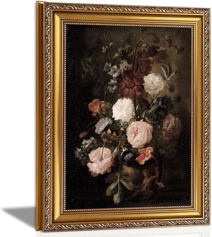 Gerahmtes Vintage Blumen Wandbild, stimmungsvoller dunkler Blumendruck, antikes