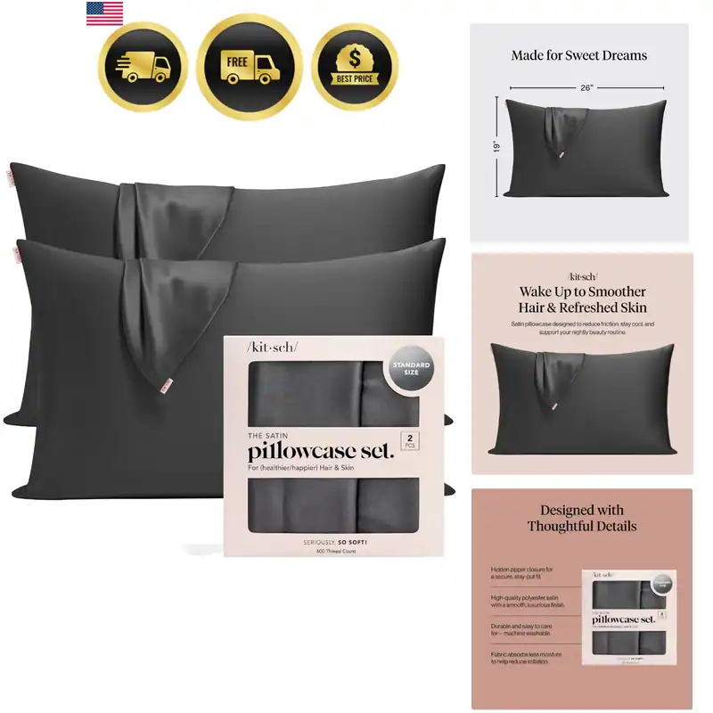 Satin Kissenbezug mit Reißverschluss - 2 Stück Standardgröße, anthrazit