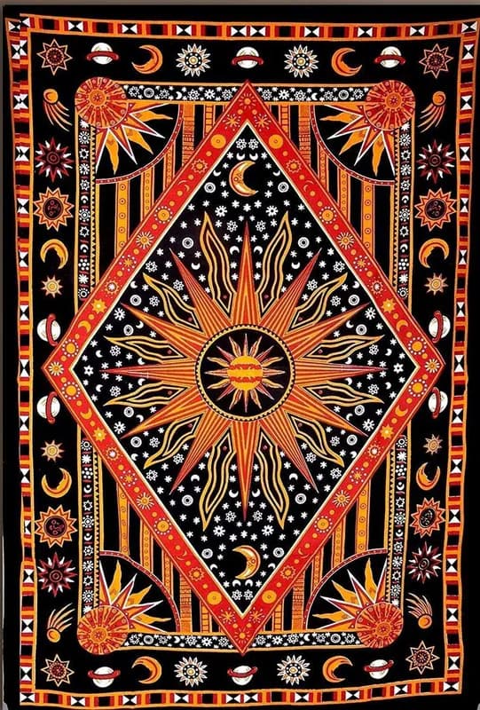 Brennende Sonne Batik Wandteppich, Himmel Sonne Mond Stern Planet Böhmisch