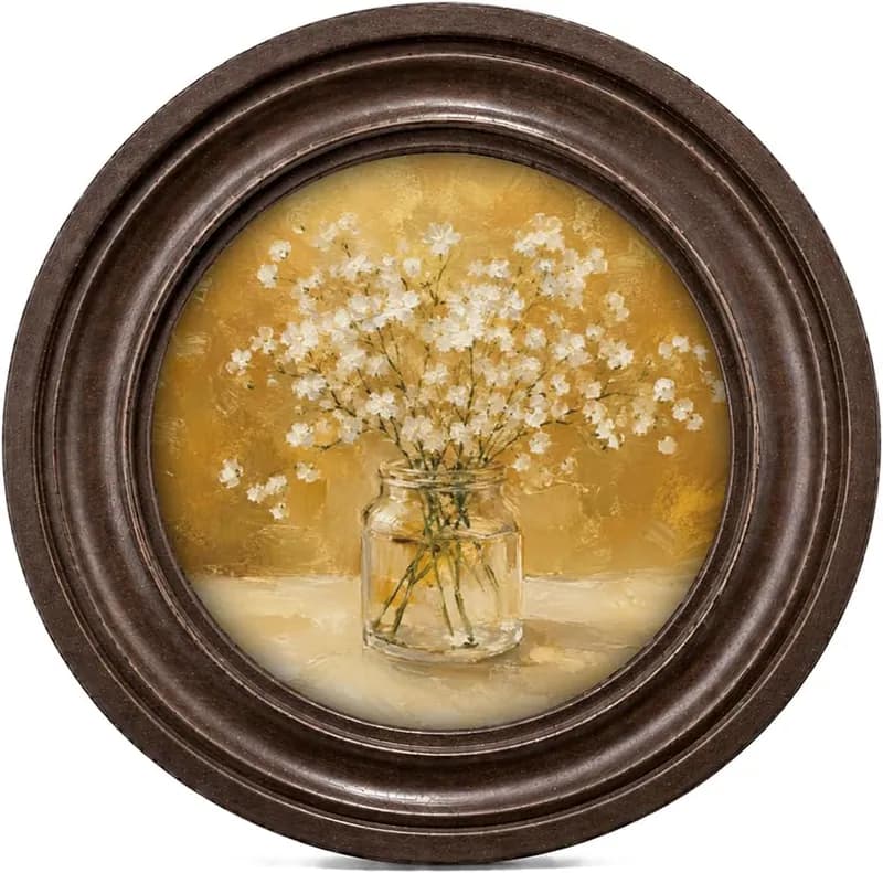 Baby's Breath runde Wandkunst Dekor, Blumenstrauß Malerei Kunstwerk, Vintage