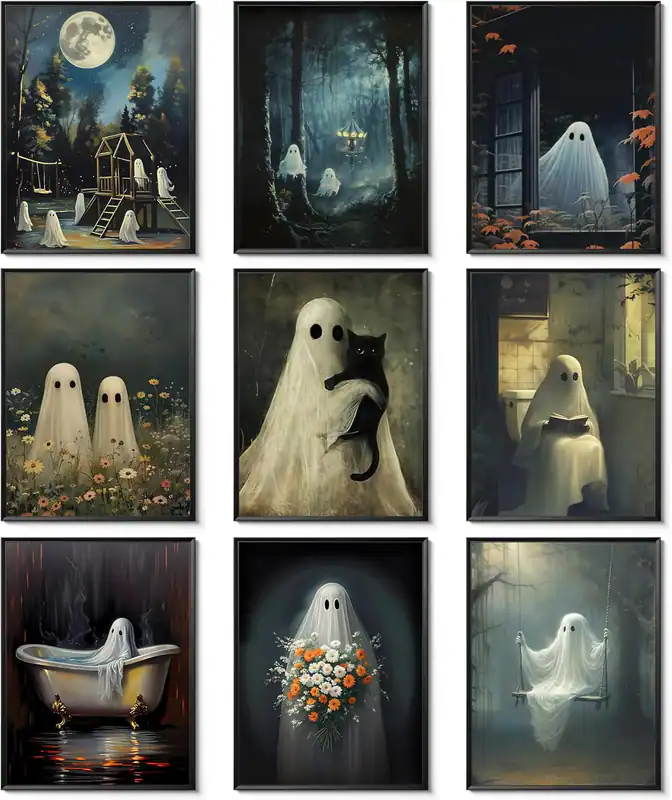 Vintage Halloween Wandbilder Poster Drucke 9er Set - Vintage Spooky Ghost