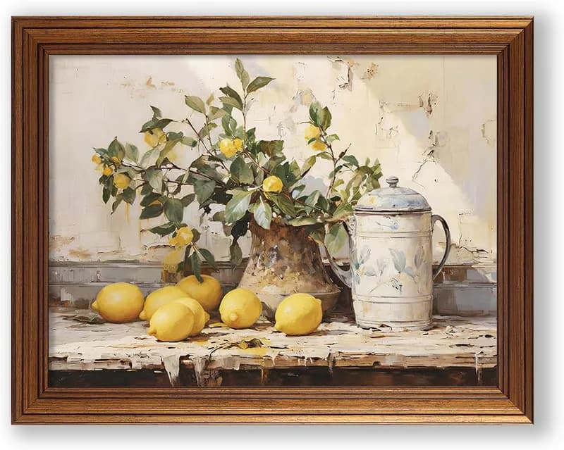 Goldgerahmtes gelbe Zitrone Ölgemälde Wandkunst 08 x 10 Zoll rustikal