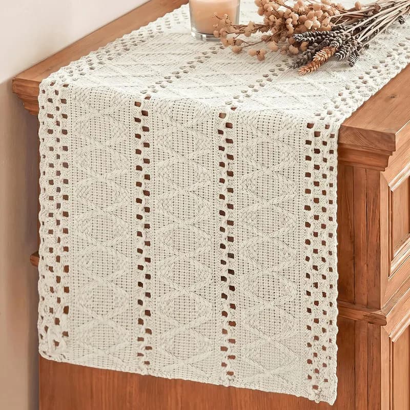 Beige Gewebt Bauernhaus Hohl Tischläufer 12X36 Zoll