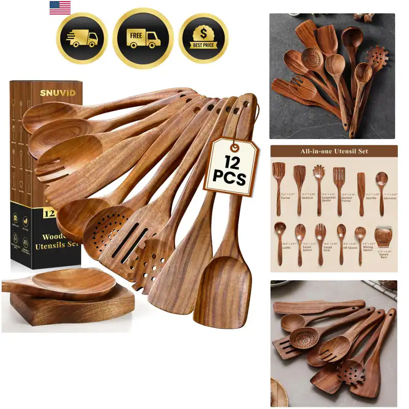 Holzlöffel zum Kochen, 12 Stück Teakholz Küchenutensilien Set mit Löffel R...