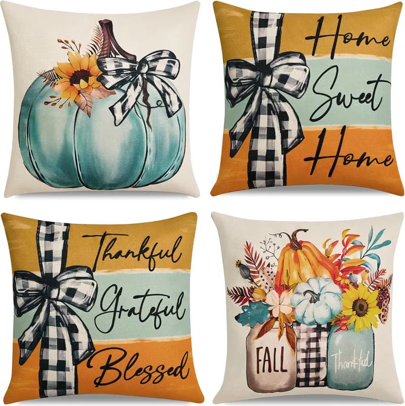Herbstdekoration für Zuhause - Kissenbezüge 18X18 im 4er Set, Kürbis Leinen Pi