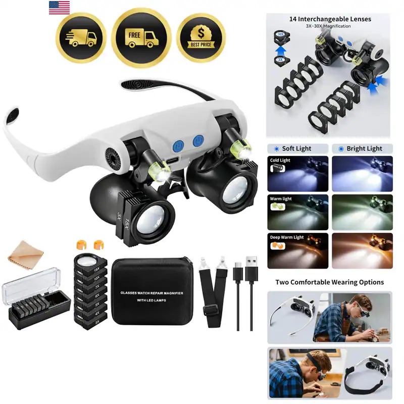 Lupenbrille mit LED-Licht, Freisprechlupe mit 14 austauschbaren...