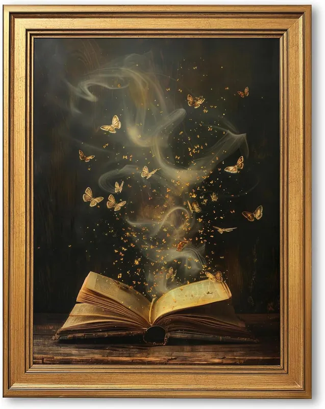 Gold gerahmtes magisches Buch Schmetterlinge Wandkunst Vintage stimmungsvoll