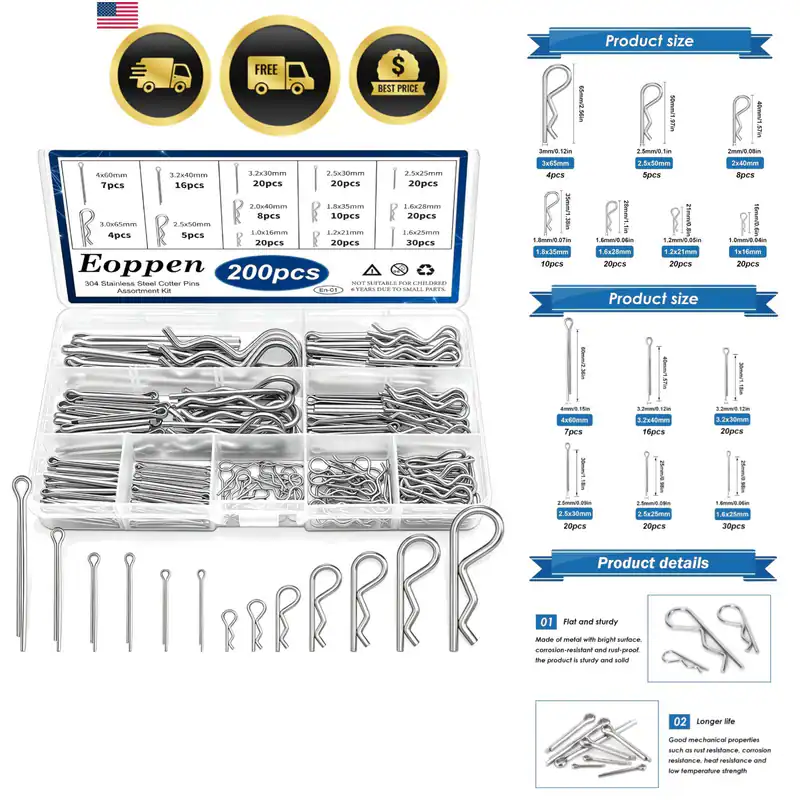 Splinte Sortiment Set - 304 Edelstahl 13 Größen Splinte & R Clip...