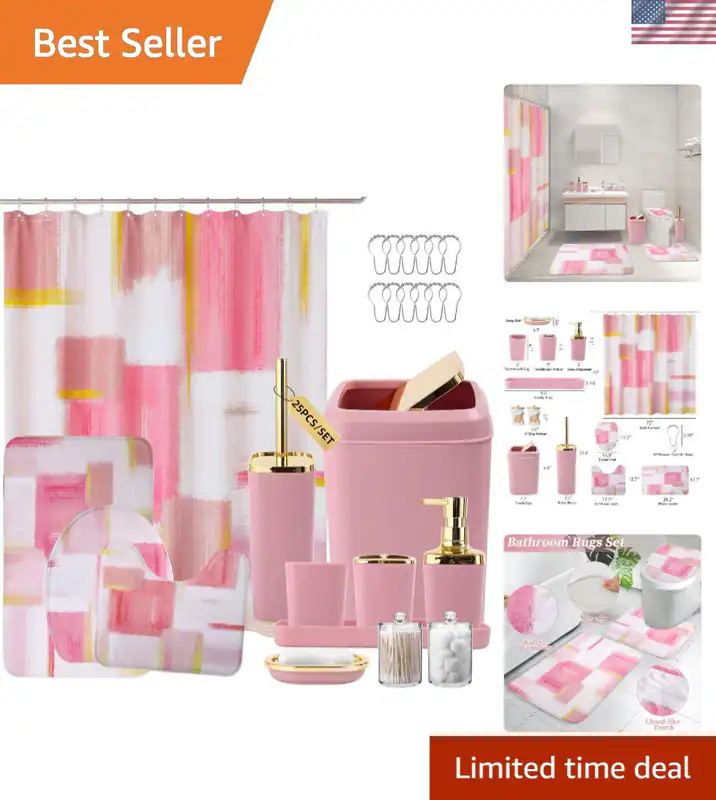 Bad Accessoires Set Rosa Gold Badezimmer Deko Duschvorhang Vorleger Seife Di...