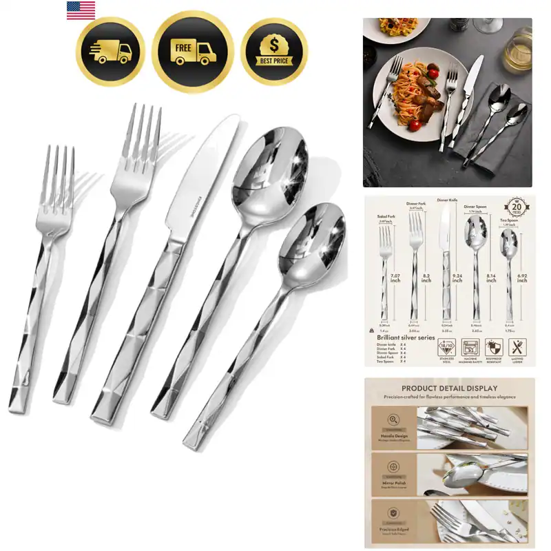 Silberbesteck Set, Luxus 20-teiliges Besteckset für 4, 18/10 Edelstahlschliff...