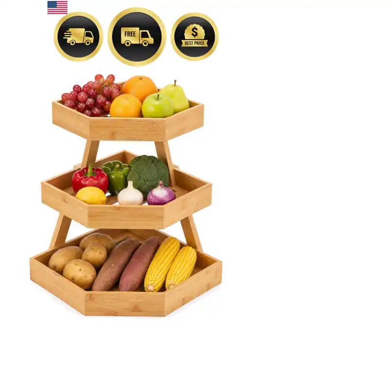 Eck-Obstkorb aus Bambus mit 3 Ebenen für Küchentheke mit 2 Bananenaufhängern