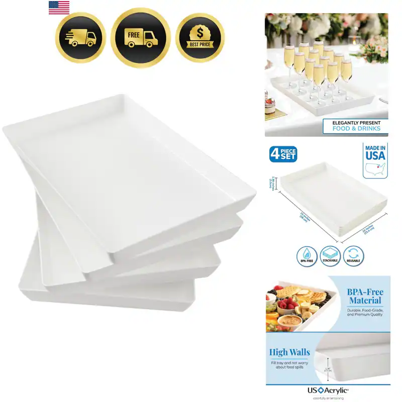 Weiße Kunststoff Serviertabletts 4er Set 15” x 10” | Große Unzerbrechliche