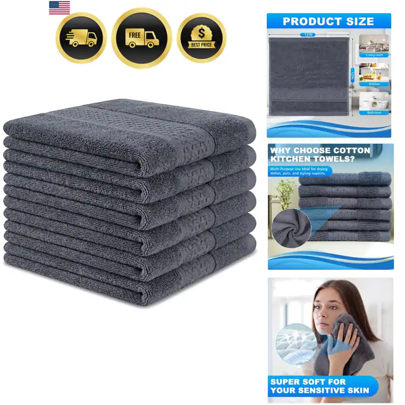 100% Baumwolle Waschlappen, 12x12 Zoll, 6er Pack, grau | stark saugfähig, weich