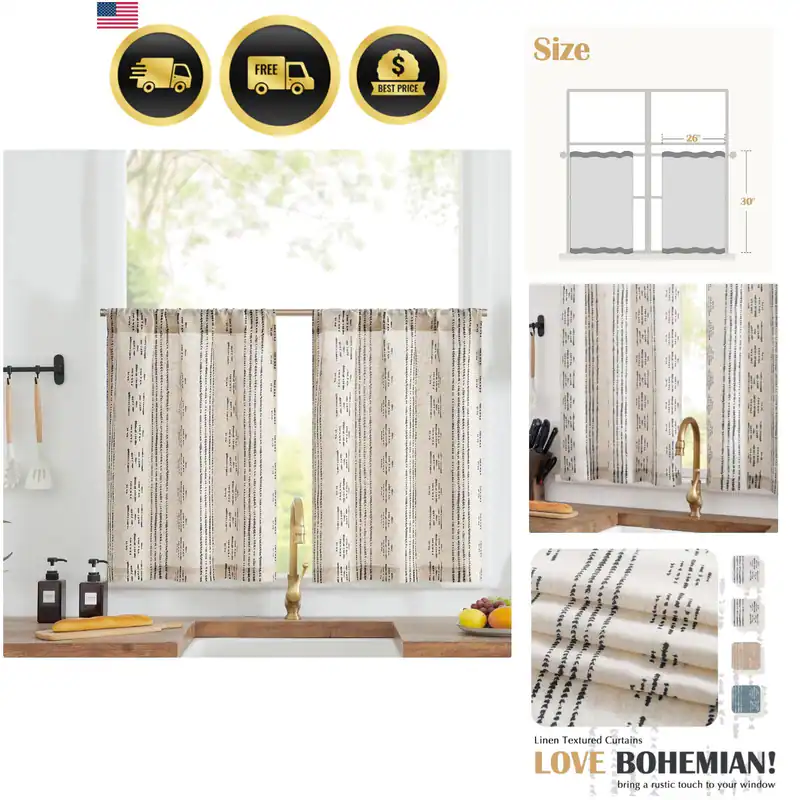 Boho Küche Leinen Tier Vorhänge 30 Zoll Bohemian Cafe Vorhänge Bauernhaus Nat...