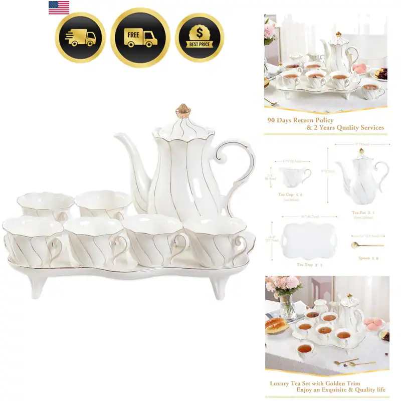 Teeservice für 6 Luxus Porzellan Teetassen Set mit Teetablett Löffel Geschenk