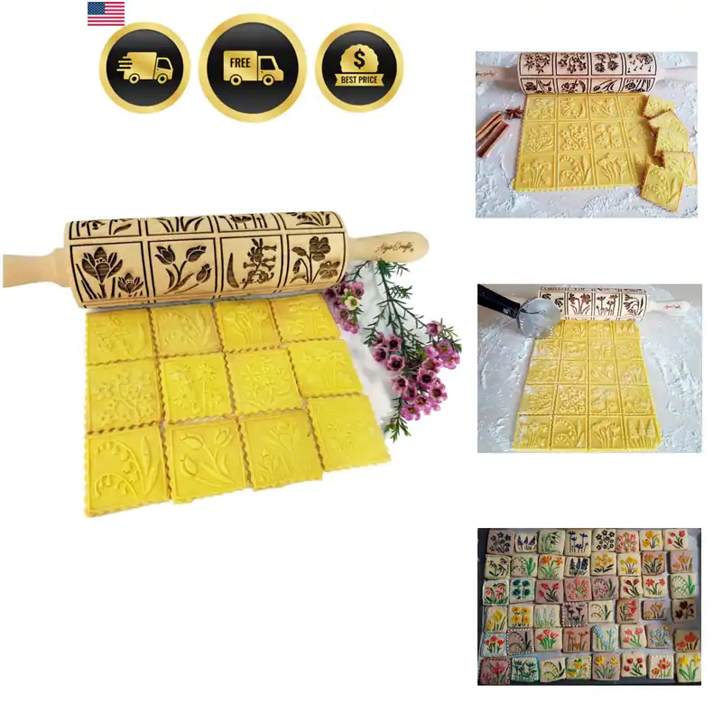 FRÜHLINGSBLUMEN Präge Nudelholz mit 16 verschiedenen Blumen in Quadraten. Do...