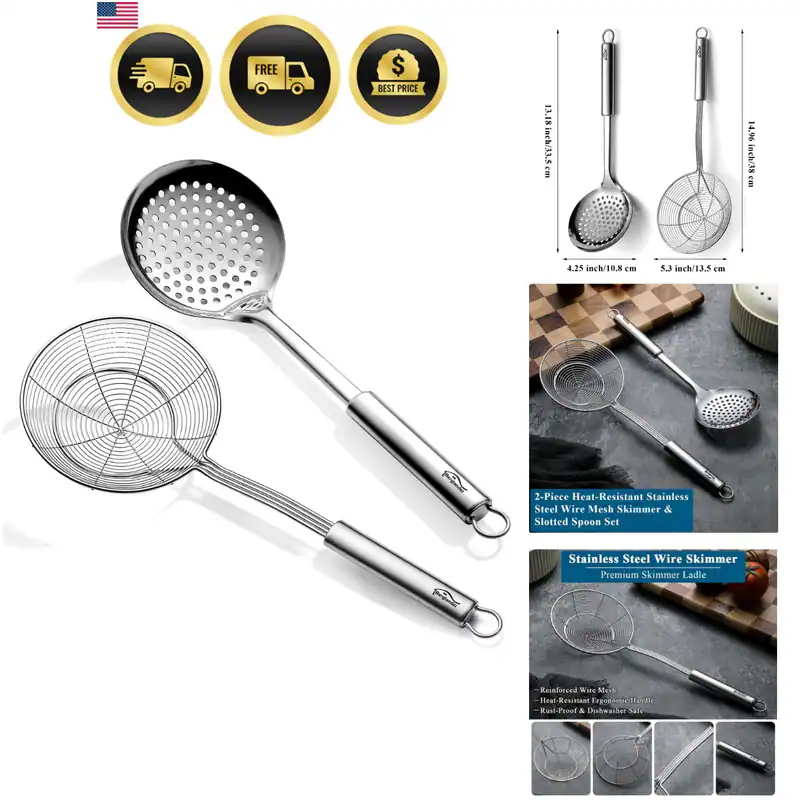 Spinnensieb Skimmer Schöpfkelle 2 Stück, Edelstahl Küchenskimmer Schlitz...