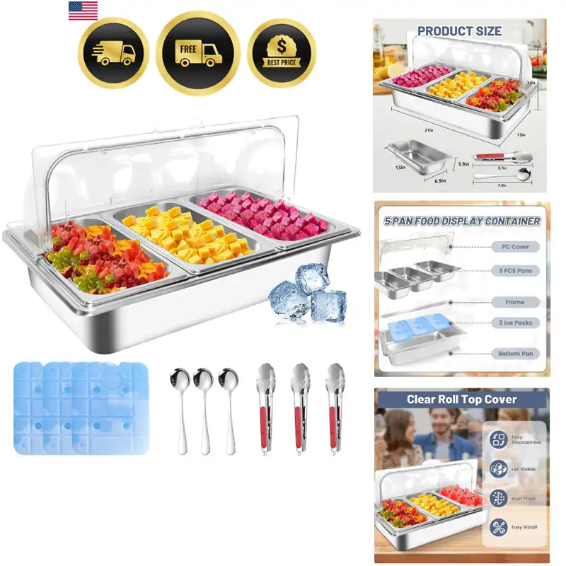 Arbeitsplatte Eis Essen Servieren Display Tablett mit 3 Pfannen, Tragbare Salat