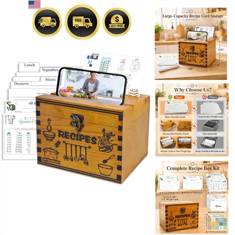 Rezeptbox aus Holz mit Karten und Trennwänden, Rezeptkartenbox Set