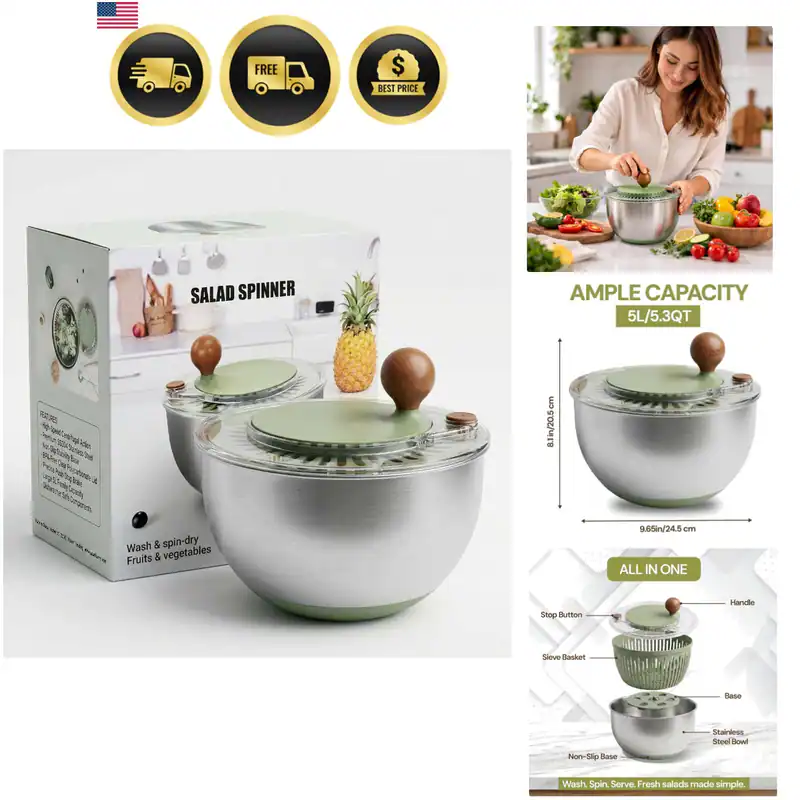 5,3 Quart Edelstahl Salatschleuder - Große Salatschleuder mit rutschfester
