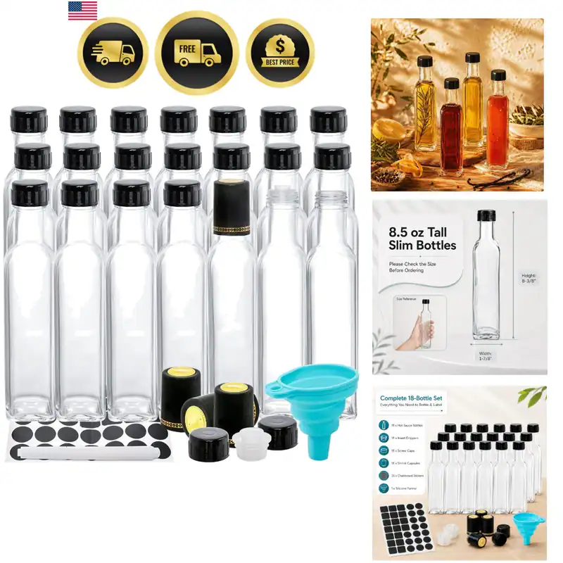 18er Pack 8,5 Unzen Quadratische Glasflaschen für Heiße Sauce, Öl & Sirup