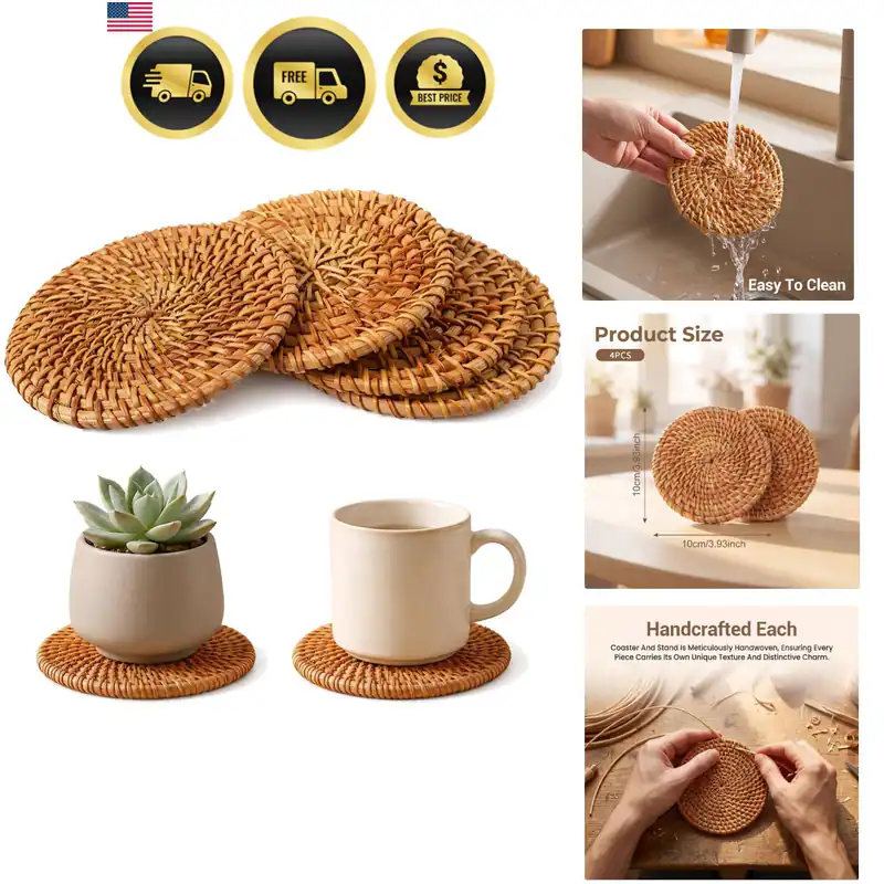 4 Stück Natürliche Handgewebte Untersetzer für Schreibtisch, 3,93 Zoll Rattan