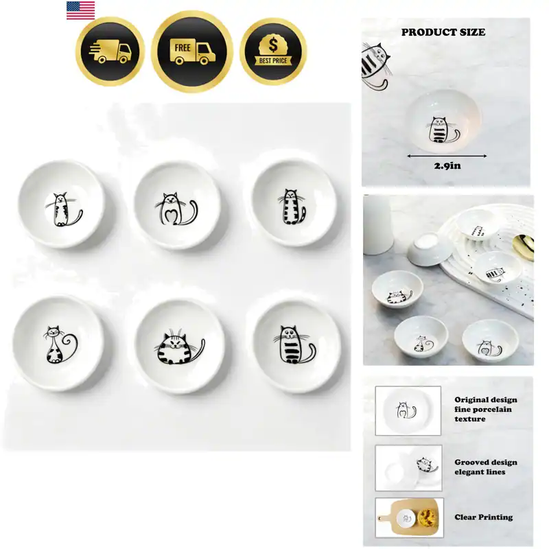 Keramik Dip Saucenschalen 6er Set | Niedliche Katzenmuster Mini Soja Saucen