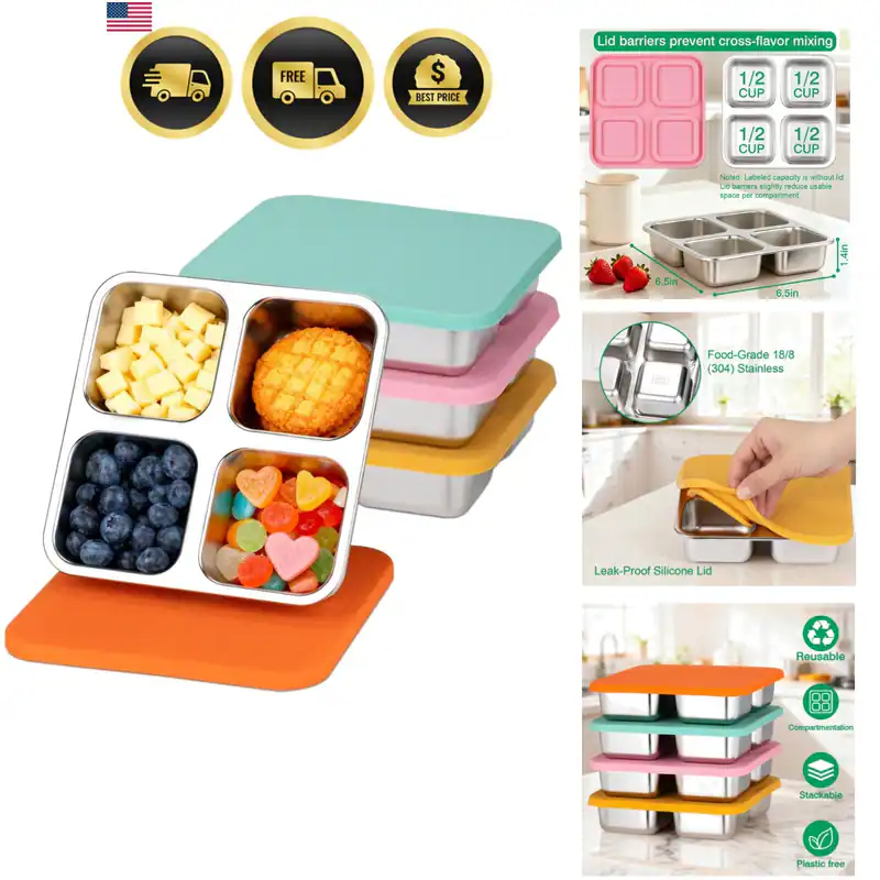 4 Stück Edelstahl Snackbehälter mit Deckel, Mittagessen 4 Fächer