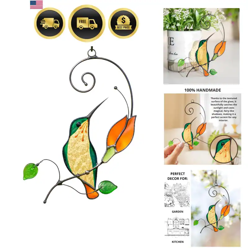 Orange Buntglas Kolibri Fensterbehang Handarbeit Kunst