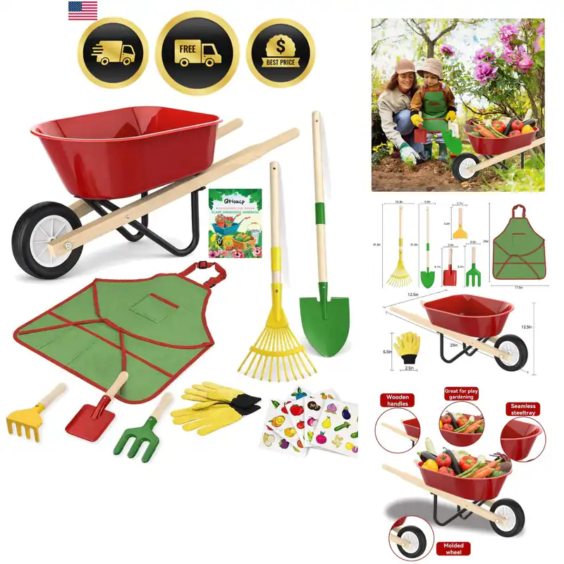 Kinder Gartenarbeit Schubkarre Set, Metall & Holz Gartengeräte für Kinder Alter