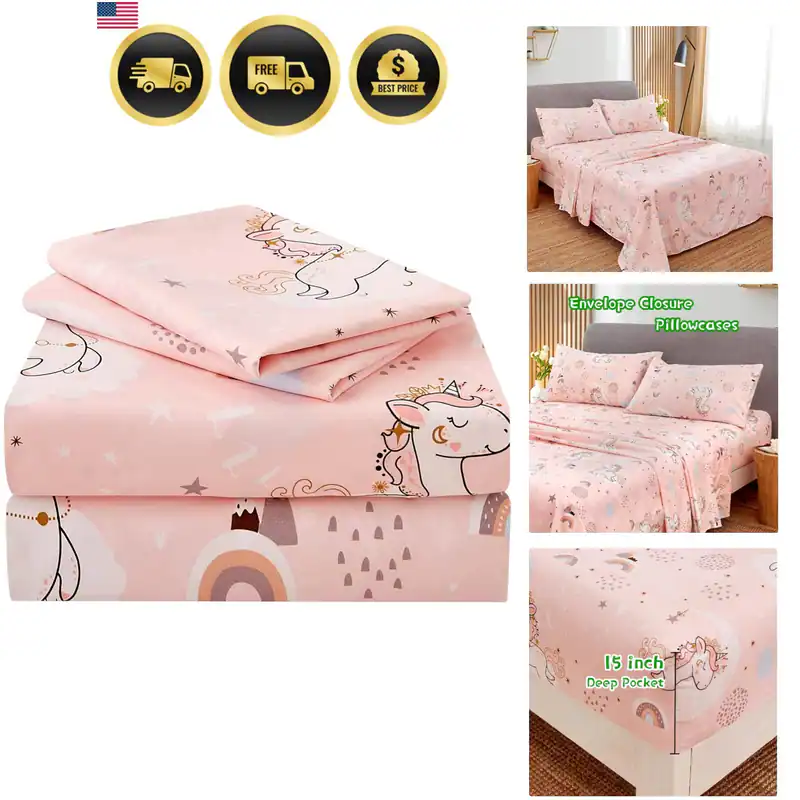 Rosa Einhorn Kinder Laken Set Twin Size, 3 Stück Mädchen Regenbogen Bedruckt