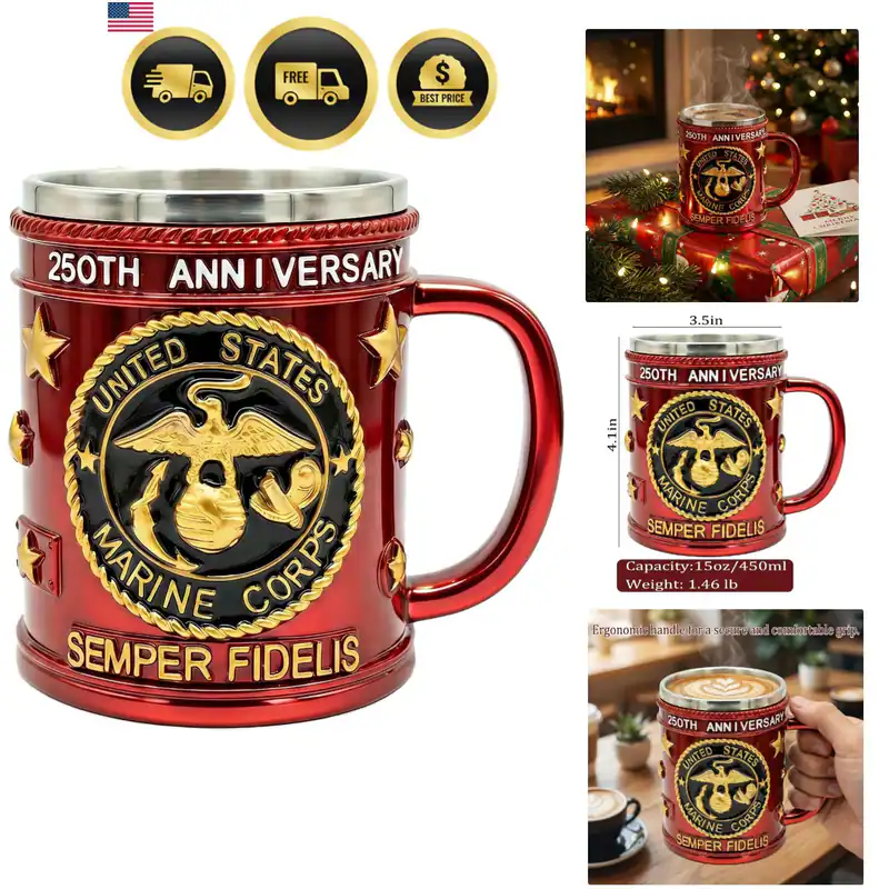 Handbemalter schwerer Marine Corps Kaffeebecher aus Metall, USMC Jubiläum 15