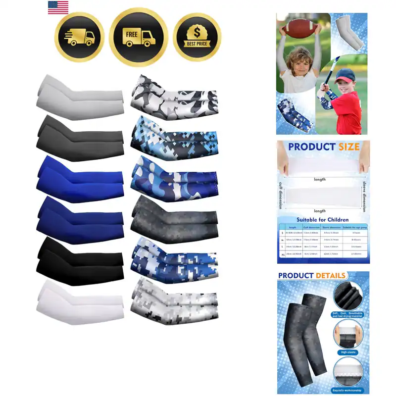 12 Paar Armstulpen für Kinder Kompression Football Baseball Jugend UV Schutz...