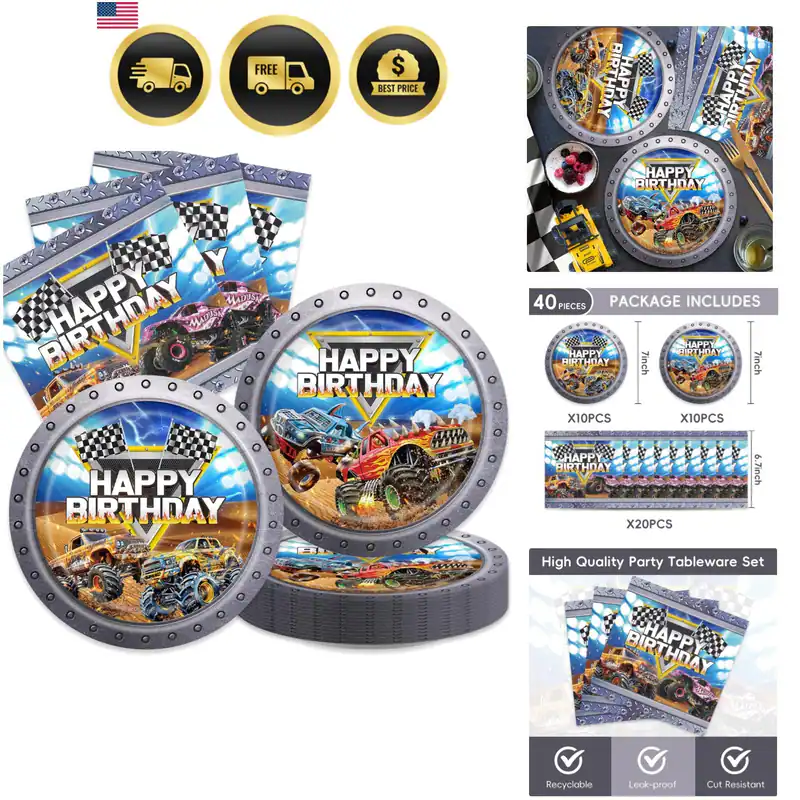 40 Stück Monstertruck Geburtstag Party Zubehör LKW Party Pappteller und